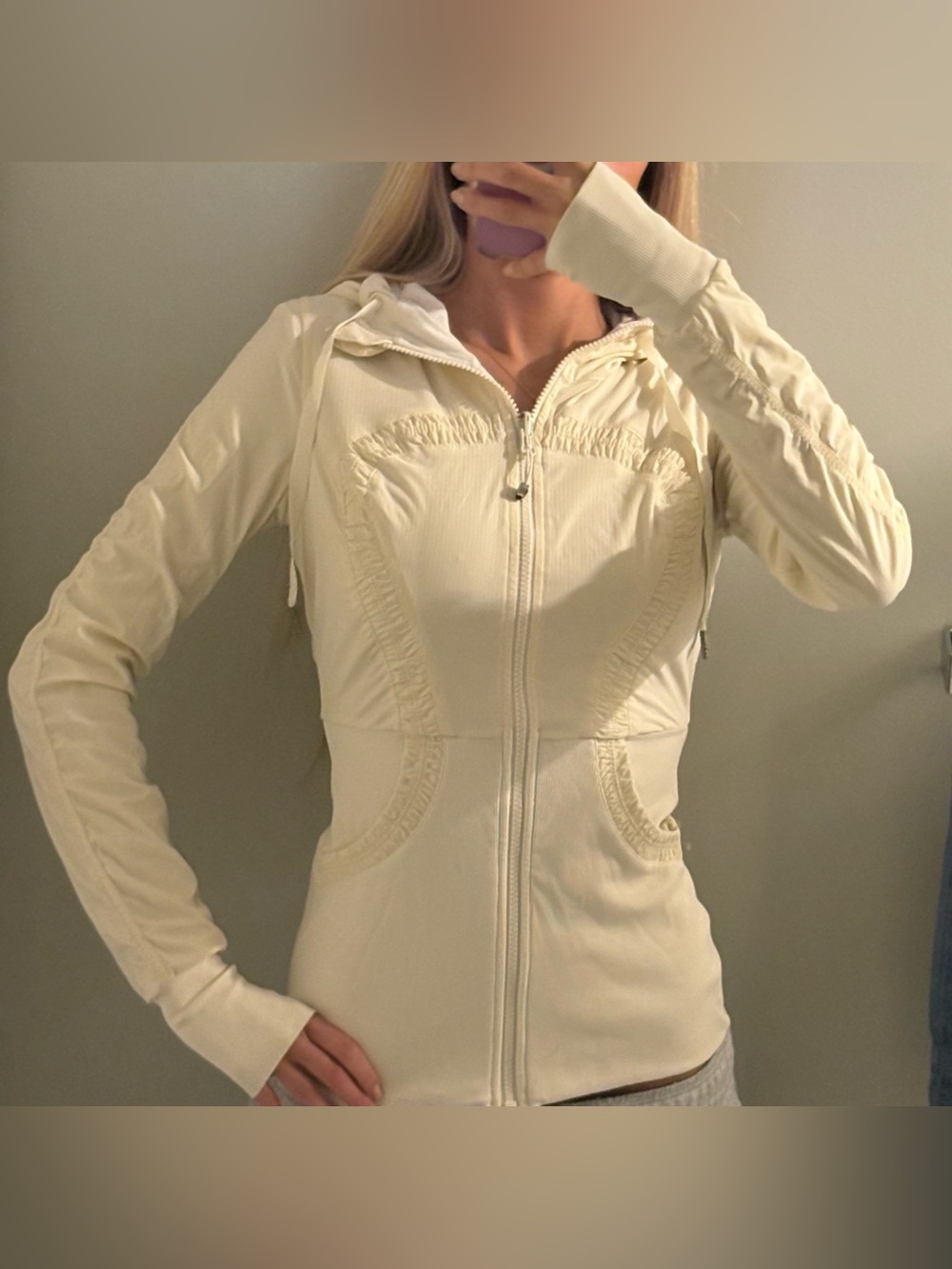 Lululemon Cream Zip-Up Hooded Jacket with Ruffle Detail